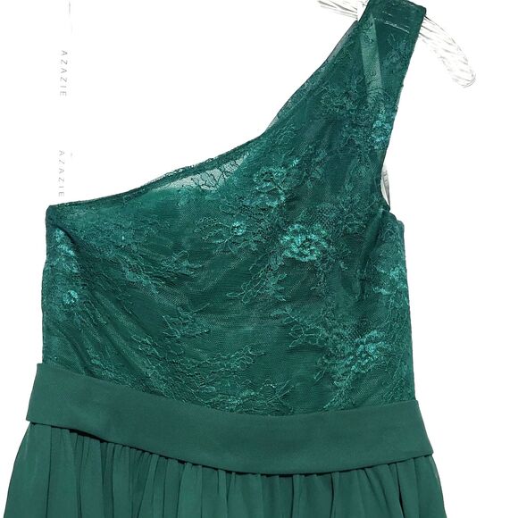 Azazie One Shoulder A-Line Midi Dress Lace Bodice Flowy Lined Green Festive - Picture 4 of 11